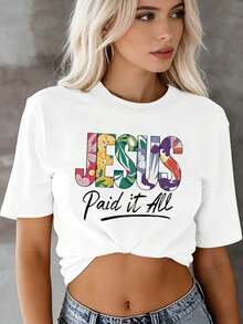 1 Piece Women's Christian Faith T-Shirt - "Paid It All" With Bold Black Lettering And Floral Cross Design - Short Sleeve T-Shirt, Round Neck, Soft And Breathable, Ideal For Church - White T-Shirt With Religious Graphic Suitable For Casual Outfits, Spring/Autumn Casual Wear, Machine Washable, 180g 100% Cotton. - 白色 - 查看 1