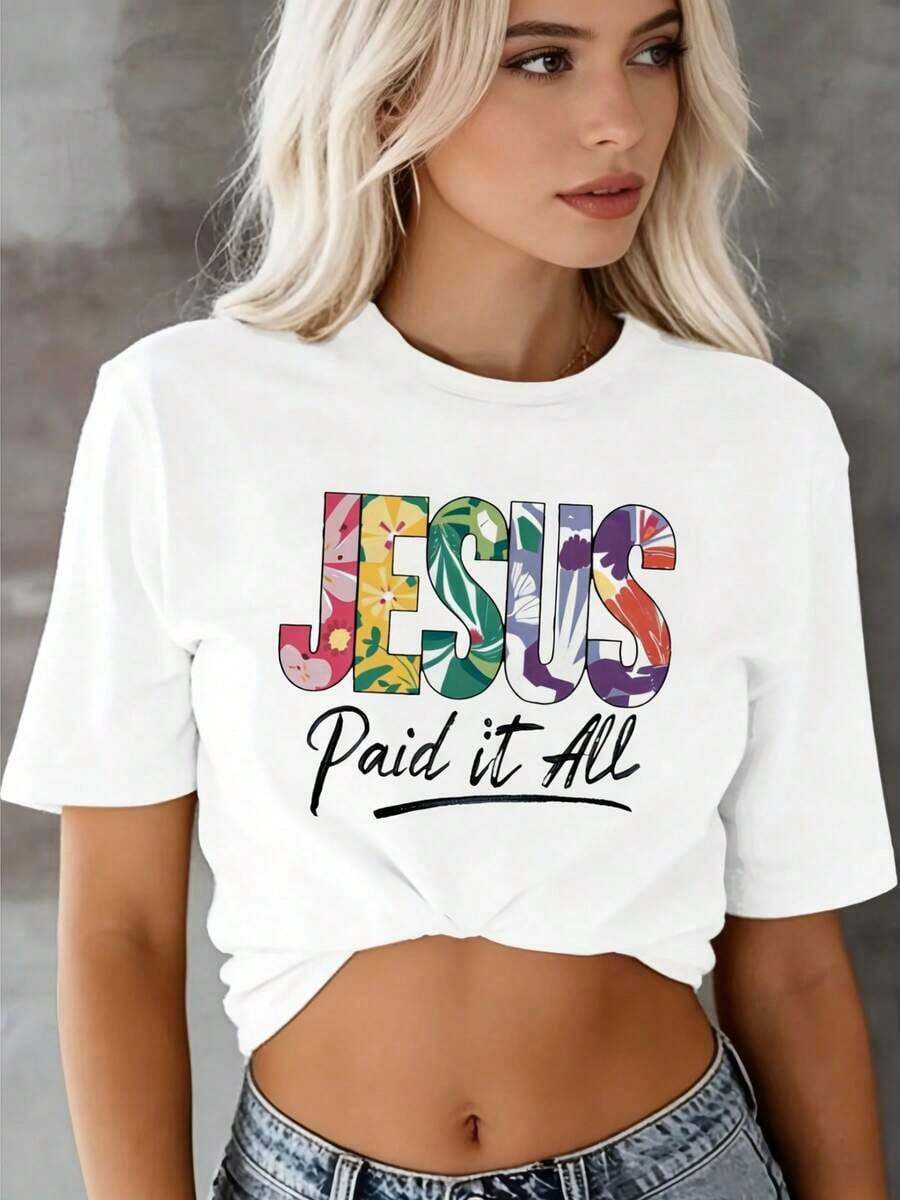 1 Piece Women's Christian Faith T-Shirt - "Paid It All" With Bold Black Lettering And Floral Cross Design - Short Sleeve T-Shirt, Round Neck, Soft And Breathable, Ideal For Church - White T-Shirt With Religious Graphic Suitable For Casual Outfits, Spring/Autumn Casual Wear, Machine Washable, 180g 100% Cotton. - 白色 - 查看 1