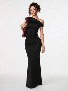 Ropa de verano, atuendos para citas diarias y viajes, atuendos de fiesta, atuendos interiores elegantes para mujeres, atuendos para salir, vestido asimétrico de sirena extra largo con hombros caídos, atuendos de club para mujeres, atuendos de - Negro - Ver 1