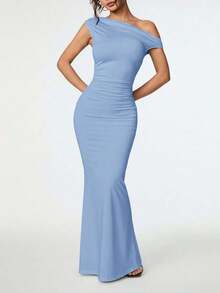 Ropa de verano, atuendos para citas diarias y viajes, atuendos de fiesta, atuendos interiores elegantes para mujeres, atuendos para salir, vestido asimétrico de sirena extra largo con hombros caídos, atuendos de club para mujeres, atuendos de - Azul - Ver 3