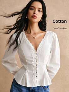 Camisa de algodón blanco con detalles de botones y bordado de encaje en la cintura, camisa de manga larga, camisa de cintura, blusa de encaje, camisa de encaje, camisa de algodón, detalles de cintura elegantes, para uso diario, salida de trabajo, - Blanco - Ver 1