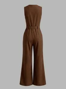 Top sin mangas con cuello en V y mono en rojo-marrón para mujer, minimalista y de moda para ir al trabajo, adecuado para uso diario y de oficina, primavera/verano - Café rojo - Ver 3
