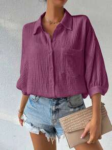 Camisa de mujer minimalista y casual de unicolor con botones delanteros, textura y hombros caídos - Morado - Ver 6