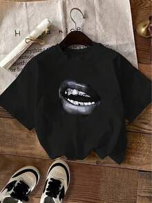 Camiseta de Verano para Mujer con Estampado de Moda, Tee Casual 180g - Negro - Ver 1