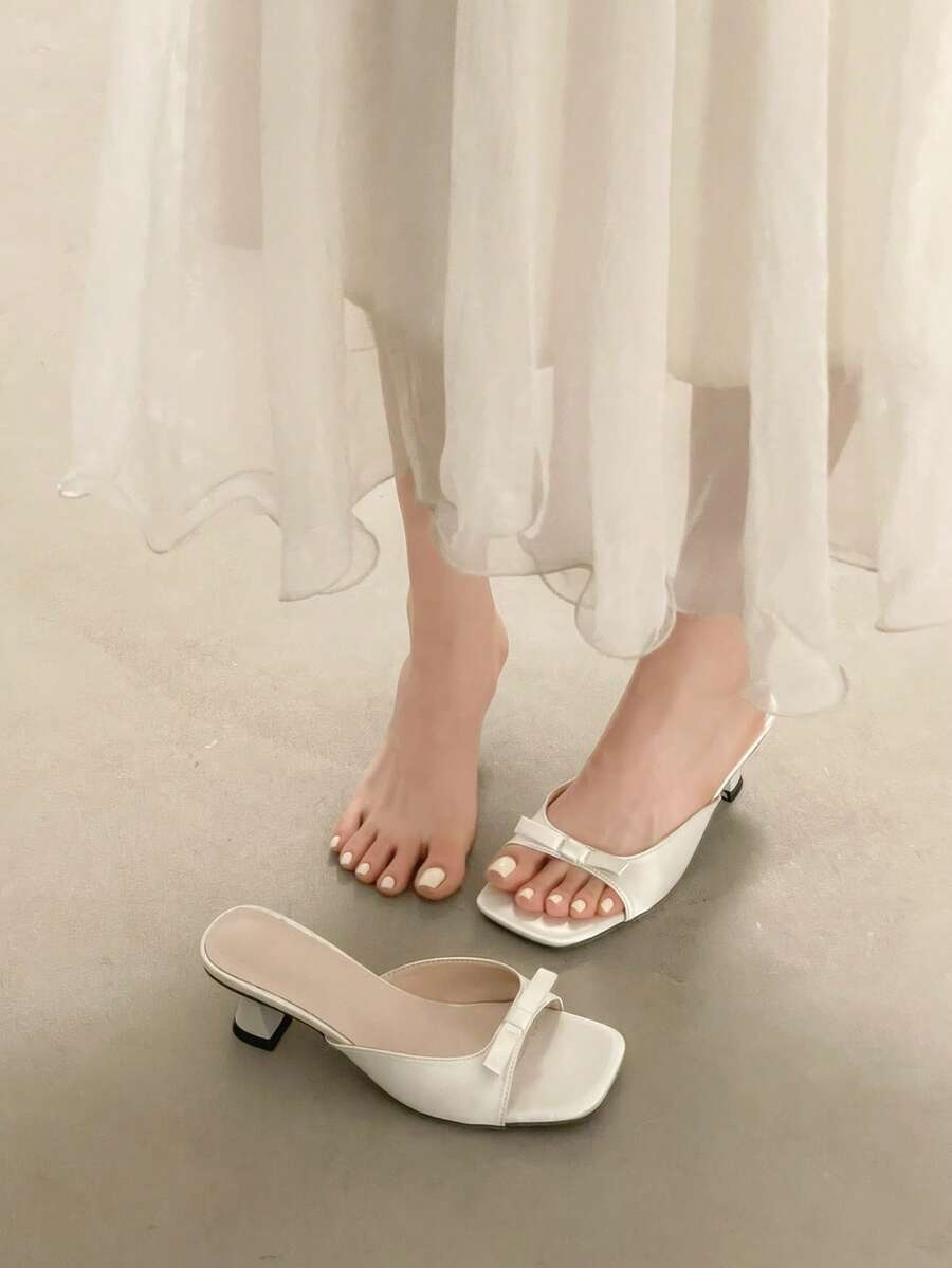 Spring/Summer Women's Square Toe High Heel Bowknot Dress Sandals, Sexy Open Toe Slide Sandals - Beige - View 1