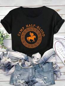 SimpieAndVersatileDesignPlayera gráfica Camp Half-Blood, playera casual de verano para mujer, top versátil y transpirable para uso diarioCottonT-Shirt - Negro - Ver 1