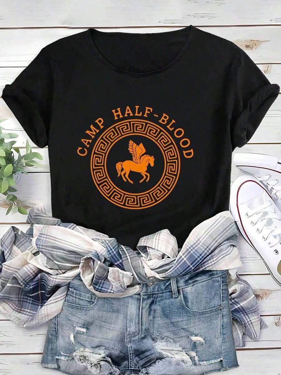 SimpieAndVersatileDesignPlayera gráfica Camp Half-Blood, playera casual de verano para mujer, top versátil y transpirable para uso diarioCottonT-Shirt - Negro - Ver 1