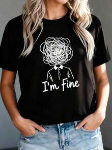 Sudadera Casual de Cuello Redondo para Mujer con Estampado "I'm Fine-1Pure-Cotton" - Negro 1 - Ver 9