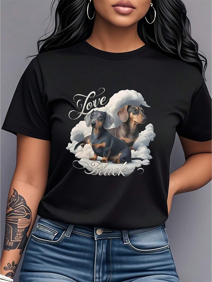 Women's T-Shirt With Cute Dachshund And Cloud Print, Short Sleeves And Round Neck, Modern And Fashionable Women's Clothing, Versatile And Unique, Suitable For Casual Daily Wear, Parties, Dates, Birthday Gifts And Excellent Gift Options. - 黑色 - 查看 1