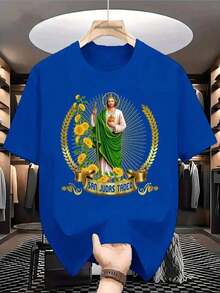 Playera camiseta gráfica dama mujer manga corta cuello redondo básica cómoda fresca ligera moderna juvenil casual estampado sn judas san juditas tadeo girasoles flores flor floral  letras - azul real - Ver 3
