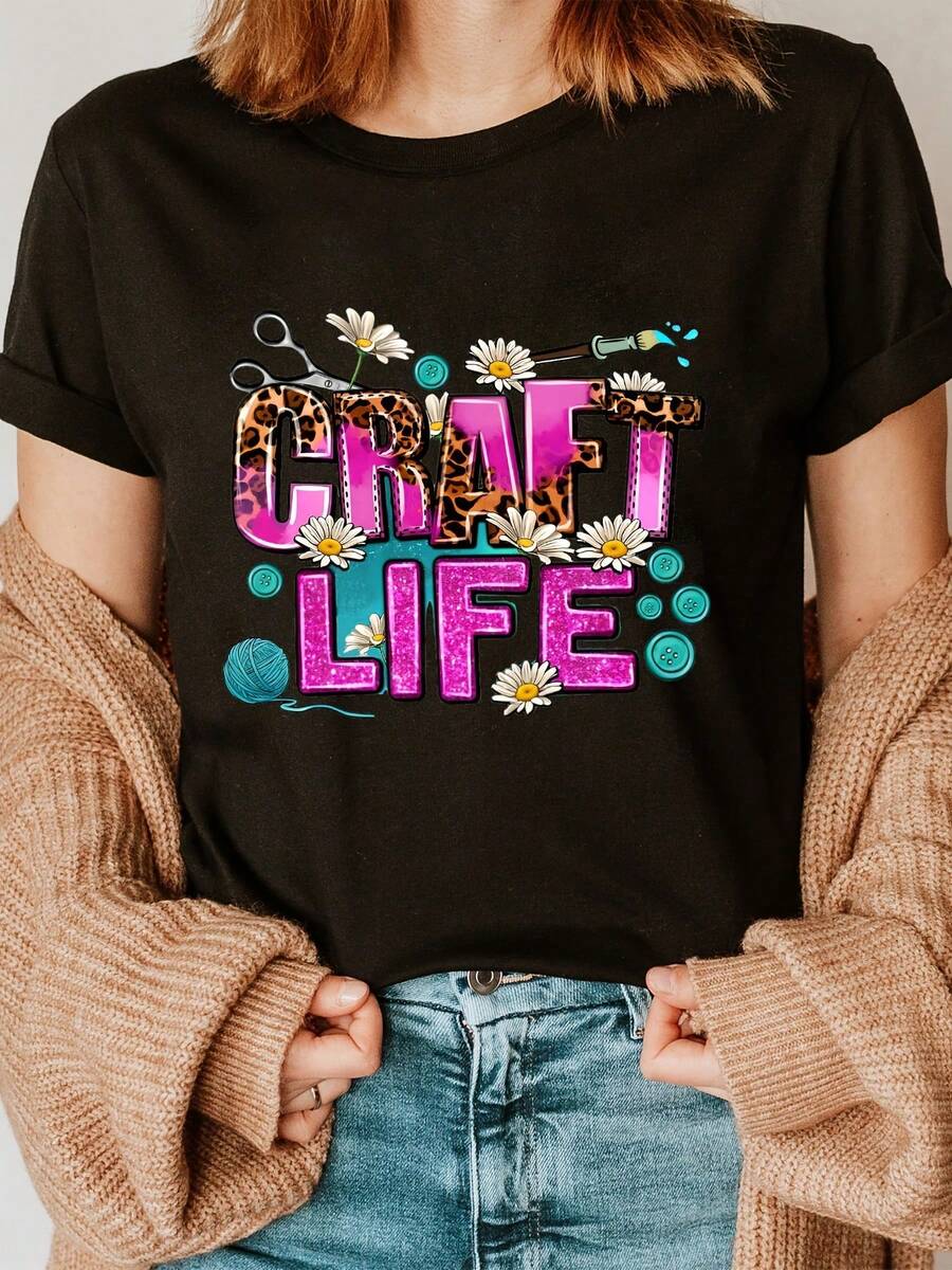 Camiseta de Cuello Redondo Estampada CRAFT LIFE, Camiseta Casual de Manga Corta, Adecuada para Primavera y Verano, Ropa de Mujer - Negro - Ver 1