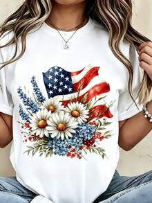 Plus Size Women's T-Shirt With American Flag Floral Print, Casual Patriotic Short Sleeve Round Neck Top. - 白色 - 查看 1