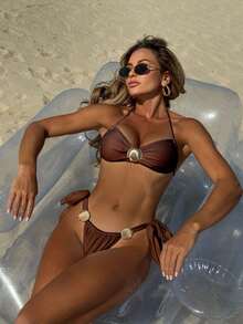 Nuevo bikini de dos piezas de color sólido, sexy, con decoración de conchas y cordones. - Negro - Ver 8