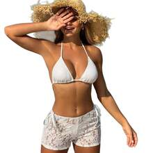 Nuevo traje de baño sexy de tres piezas con encaje, que incluye pantalones tipo bóxer y bikini con lazo. - blanquecino - Ver 6