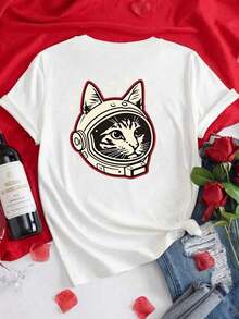 Camisetas de manga corta de talla grande para mujer, ideales para el verano, camisetas básicas de uso diario, camiseta de manga corta con estampado frontal y trasero - Gato Espacial, Estampado de astronauta - Camiseta estampada de primavera/verano para mujer, artículo de moda, transpirable y cómoda. - Blanco - Ver 3