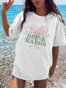 Nueva camiseta de verano de manga corta 2026, camiseta 'Save Water Drink Margaritas' para amantes del tequila y las margaritas, corte holgado, talla grande, camiseta estampada de verano de manga corta con cuello redondo para mujer, camiseta gráfica, top para mujer, cómoda de llevar. - Blanco - Ver 8