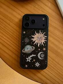 1pc,Retro Celestial Print Phone Case, Sun Moon & Stars Galaxy Design Shockproof Soft Cover For IPhone 16 15 14 13 Pro Max - Black - View 3