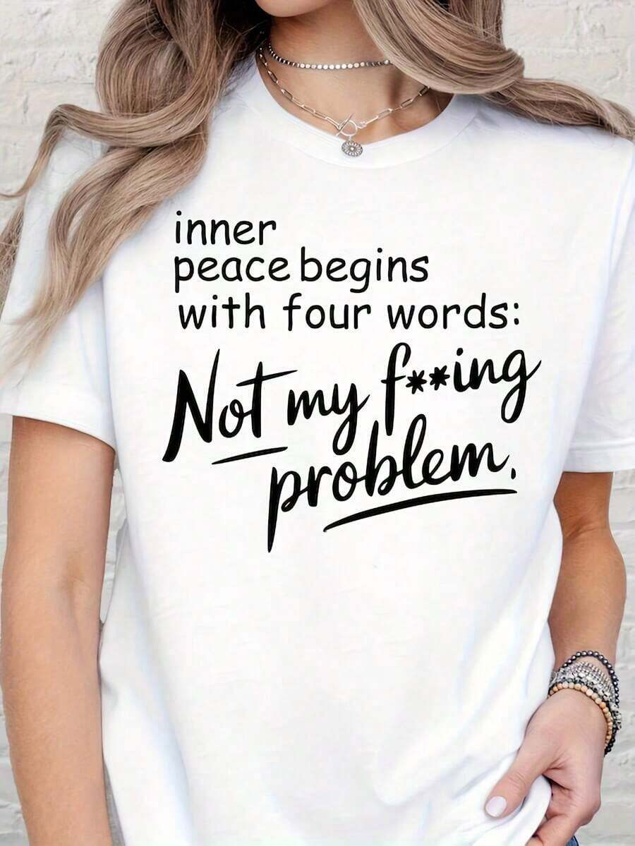 LooseCamiseta "Not My F-Ing Problem", divertida y sarcástica, con frase "Tal Peace", "Inner Peace", "Not My Problem", "Sy Graphic", algodón grueso de 220 g para mujer (top blanco para mujer) - Blanco - Ver 1