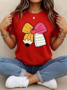 Women's Simple Loose Fit T-Shirt, Modern Style, Short Sleeve Pencil Print T-Shirt, Round Neck, Women's T-Shirts, Graphic Blouses For Women. New Stylish T-Shirt - Ideal For Summer. Women's Graphic Print T-Shirt Summer 2026 - 紅色 - 查看 6