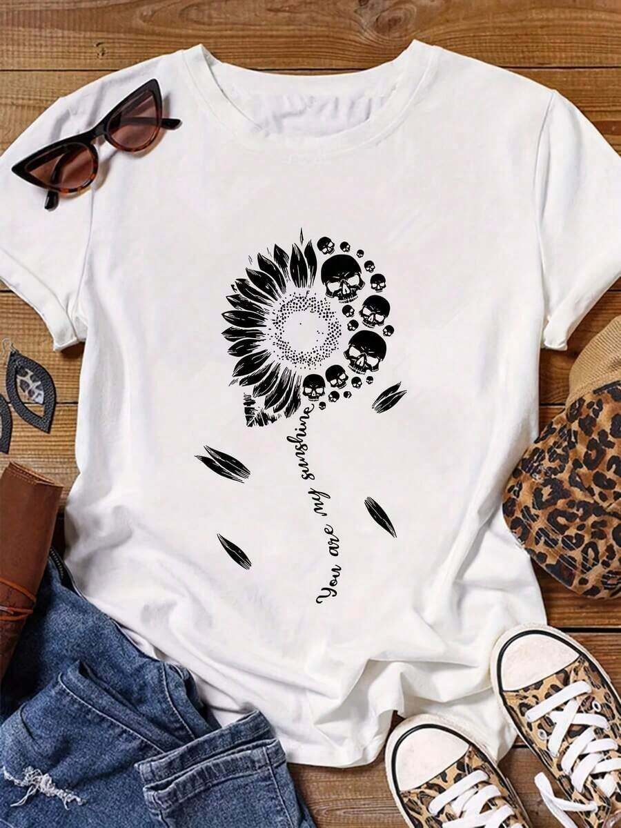Nuevas llegadas para el verano. Camiseta de moda de manga corta con estampado de calavera y girasol, talla grande, cuello redondo. Blusa, camisa > Hermosa. - Blanco - Ver 1