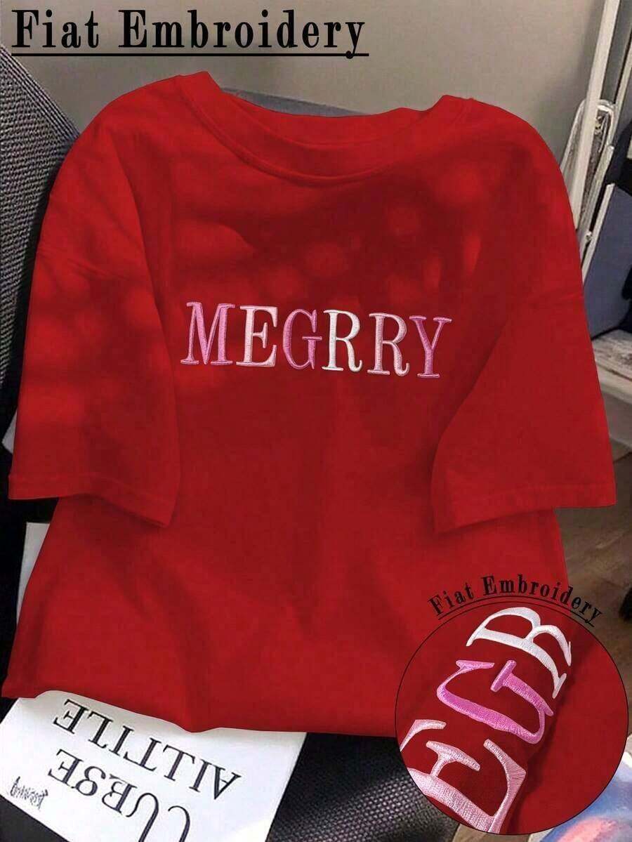 Camiseta ajustada casual de verano con bordado de letra para mujer - Rojo - Ver 1