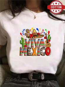 Women's 'Viva Mexico' Fiesta T-Shirt, Polyester Medium Stretch, White Short Sleeve Tee With Vibrant Mexican Graphic Print, Perfect For Casual Summer Wear - 白 - 查看 4