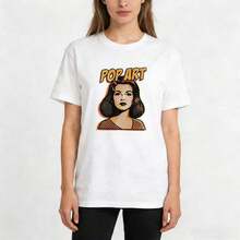 Camiseta de algodón de manga corta con estampado gráfico de arte pop para mujer, top casual y lindo con cuello redondo. - Blanco - Ver 2