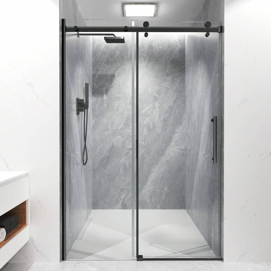 44-48" X 72" Silver Framed Bypass Sliding Shower Door, 5/16" ANSI & SGCC Certified Tempered Glass, Double Sliding Bathroom Shower Enclosure With Reversible Installation, Leak-Proof & Adjustable 0-4" Trim, Modern Matte Silver Hardware - Silver - View 1