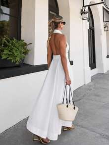 Vestido largo blanco vacacional de algodón puro, estilo halter sin mangas, espalda descubierta, diseño elegante y sexy - Blanco - Ver 8