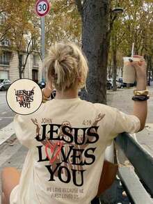 Camiseta de Verano para Mujer 100% Algodón, con Estampado de Letras "Jesus Loves You", Cuello Redondo, Manga Corta, Estilo Casual, Adecuada para Uso Diario, Blanca de Verano - Unisex para Mujer y Hombre, Ropa Casual para el Campus. - Albaricoque - Ver 11