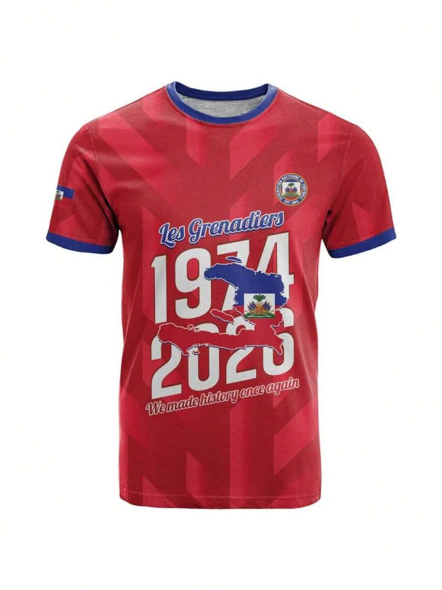 2026 Haiti Coat Of Arms 3D Printed Short-Sleeved T-Shirt, European And American Style Loose Round Neck Versatile Everyday Commuting T-Shirt. - Multicolor - View 1