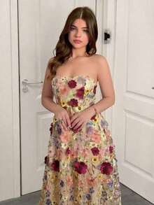 Último diseño: vestido elegante y romántico con bordado floral morado en tul, que ciñe la cintura sin mangas, adecuado para primavera y verano - Marrón - Ver 5