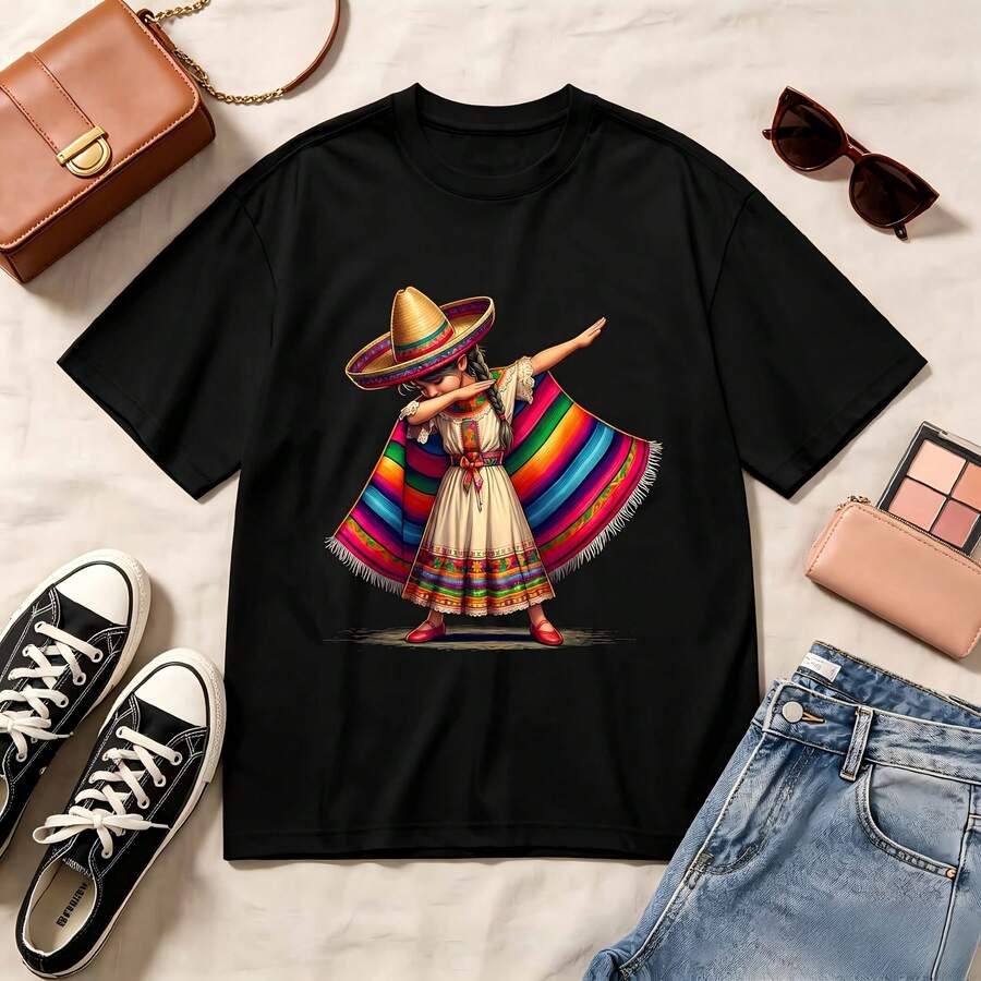 Retro Mexican Dancer, 100% Cotton, Oversized Soft Breathable Casual Crewneck, Short Sleeve Top, Summer Vibes Streetwear Aesthetic - Negro - Ver 1