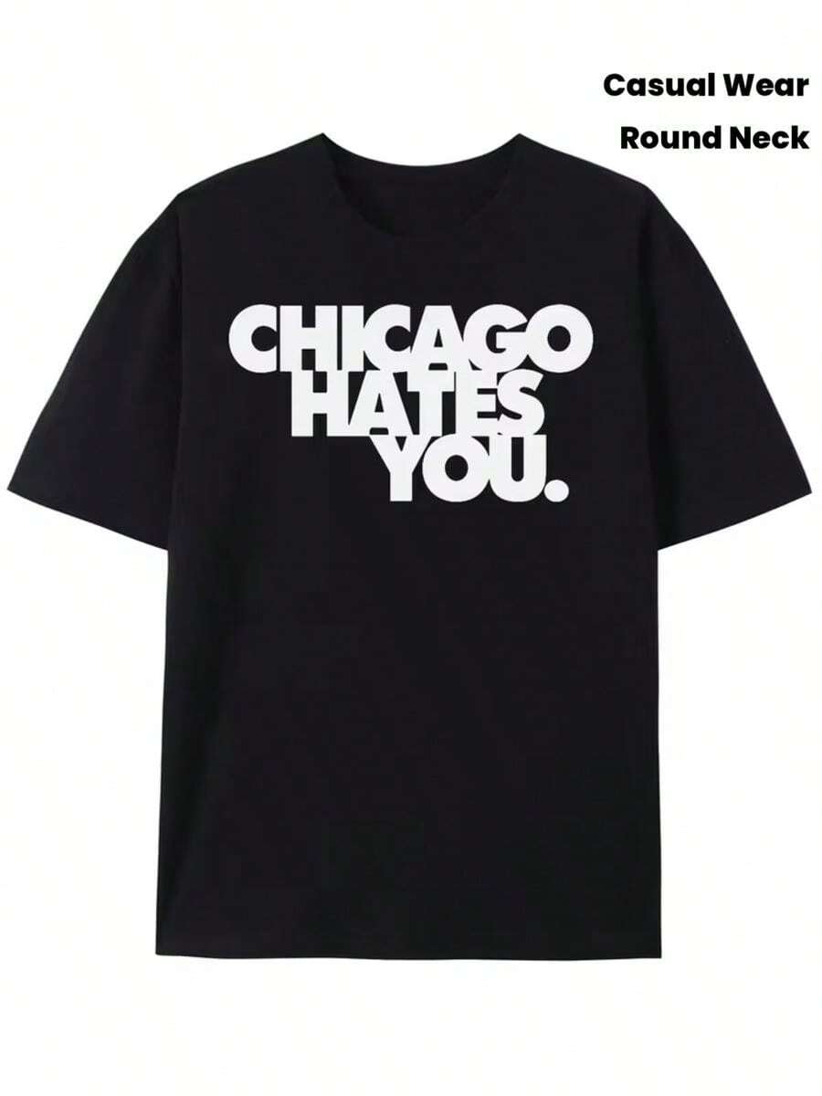 1 Women's Chicago Hate You Print T-Shirt - Chicago Lettering Statement T-Shirt, Casual Crew Neck Ideal For Everyday Wear, Birthday Gifts And Chicago Themed Events - - 黑色 - 查看 1