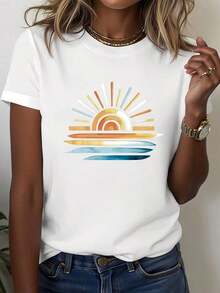 100% Cotton, 1 Piece, Women's White T-Shirt With Sunrise And Ocean Print, Round Neck, Casual Cotton T-Shirt, Medium Stretch Knit Fabric, Regular Fit For Ladies, For Spring/Summer/Autumn. - 白色 - 查看 5
