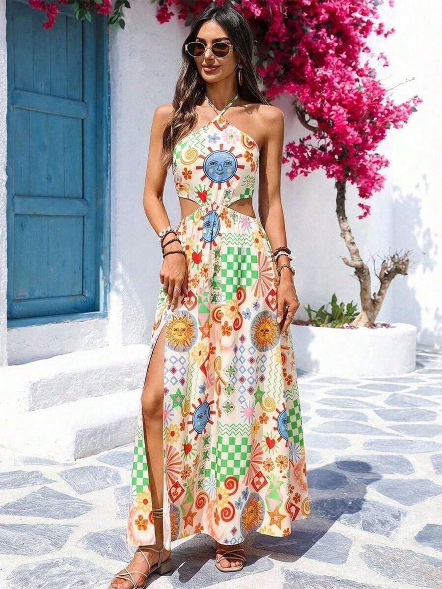 Vestido largo con estampado floral, sin mangas y con diseño calado en la cintura, para vacaciones - Multicolor - Ver 1