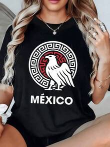 Águila poderosa sobre símbolo ancestral que representa la fuerza nacional y el orgullo de México con detalles geométricos tribales rojos y blancos reflejando identidad y libertad camiseta de mujer moderna y cómoda - Negro - Ver 6