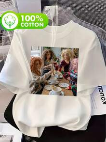 Camiseta 100% con estampado de muñeca, manga corta, cuello redondo, top casual, ideal para primavera y verano, ropa de mujer, camiseta de muñeca, top de dibujos animados - Blanco - Ver 3
