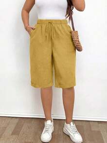 Pantalones cortos holgados de lino de talla grande para mujer, de unicolor, con bolsillo y lazo en la cintura, pantalones cortos anchos y de pierna ancha, pantalones cortos modestos para vacaciones y verano, color negro - Amarillo - Ver 12
