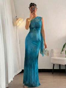 Vestido ajustado asimétrico de cuello elegante, romántico y sexy, adecuado para fiesta, vacaciones en la playa, vuelta al colegio, citas románticas, temporada de bodas, cumpleaños, Pascua, primavera/verano - Azul - Ver 9