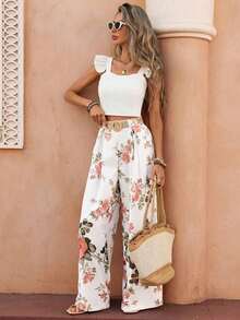 Nuevos pantalones culotte de unicolor melocotón de cintura alta, estilo elegante adecuado para uso diario y laboral, temporada de graduación, festival de música, carreras de derby, Día de la Independencia - Blanco - Ver 7