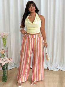 2026 Primavera/Verano Nuevos pantalones casuales para uso diario, fiestas, ir al trabajo, volver al colegio, citas, en casa, fiestas de cumpleaños, para múltiples ocasiones, con cintura elástica holgada, pernera ancha, color beige, talla grande - Multicolor - Ver 5