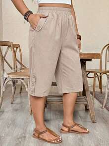 Pantalones cortos casuales y versátiles de talla grande para mujer, de unicolor, con cintura elástica y bolsillos - Albaricoque - Ver 4