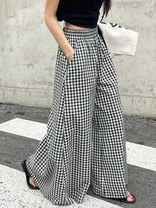 de pierna ancha con estampado de lunares y cintura elástica para mujer - Negro - Ver 7