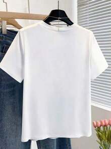 Camiseta de mujer con cuello redondo, manga corta, con parches de encaje y flores, adecuada para vacaciones - Blanco y Negro - Ver 2