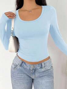 Camiseta de manga larga de ajuste ceñido con cuello alto y mangas raglán, estilo minimalista casual para mujer, primavera/otoño - Celeste - Ver 9