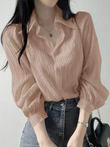 Blusa suelta de unicolor con cuello vuelto y pliegues para mujer, color morado, para primavera/verano/otoño, ropa de mujer de manga larga - Rosa - Ver 4