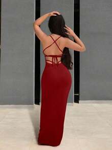 Vestido largo de uso diario con tiras cruzadas sencillas y liso para mujer - Burdeos - Ver 2