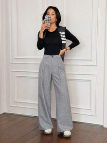 Pantalones plegados elegantes con bolsillos para mujeres maestras, pantalones grises de otoño/invierno de cintura alta, pantalones anchos, pantalones sueltos, pantalones oversized, pantalones grises para mujeres de negocios y profesionales, p - Gris 2 - Ver 6