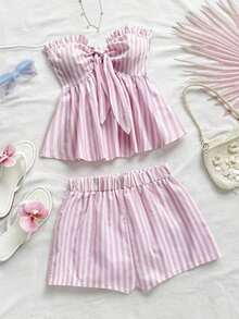 Set de 2 piezas para mujer con parte superior corta sin mangas con volantes y estampado de rayas y flores, y shorts casuales para verano, vacaciones en la playa y fiestas - Rosa - Ver 4